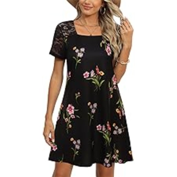 Dresses & Skirts - Floral Print Dress Lace Sleeve Square Neck‎ Casual Mini Dress Size L NWT